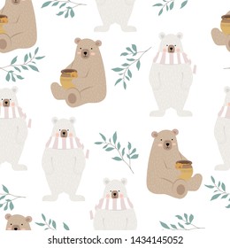 Cute bear with leaf,honey.Vector illustration seamless for background,wallpaper,frabic