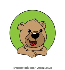 Cute-Bär lehnt sich aus einer kreisrunden Öffnung und lächelt, ideal als Maskottchen oder als Plüge oder Aufkleber, Vektorgrafik