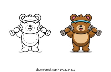 Cute bear lifting barbell cartoon coloring pages