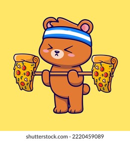 Cute Bear Lifting Pizza Barbell Cartoon Vector Icon Illustration. Animal Food Icon Concept Isolated Premium Vector. Flat Cartoon Style
