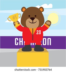 Cute bear lifting a trophy. Cute animal series for kid. Cute and funny animal t shirt design for kid.