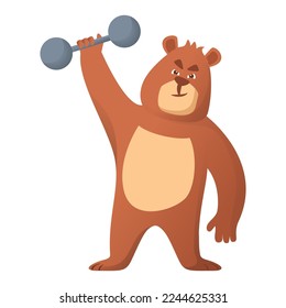 Cute bear lifting weights. Animal character exercising weight lifting barbell.Bear doing gym sports.Bear gym weightlifting.Vector flat illustration.Isolated on white background.