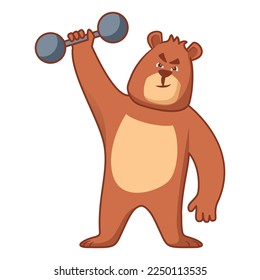 Cute bear lifting weights. Animal character exercising weight lifting barbell.Bear doing gym sports.Bear gym weightlifting.Vector flat illustration.Isolated on white background.