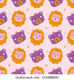 Cute bear and lion faces on pink background, vector seamless pattern