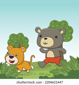 Cute bear and lion runs in Africa Funny Kid Graphic Illustration. T-Shirt Design for children. Creative vector childish background for wallpaper, poster and other decoration.