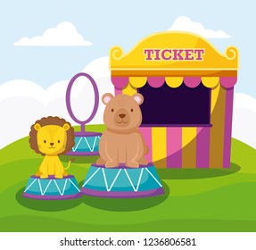 cute bear and lion with ticket sale tent