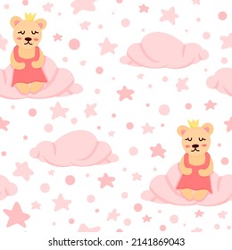 Cute bear little baby princess sitting on cloud pink seamless pattern template. Flat cartoon vector fabric print. Sky, magic, dream. Nursery design for girls.