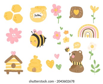 cute bear with little bee, spring season.