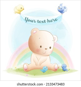 Cute bear and little birds
