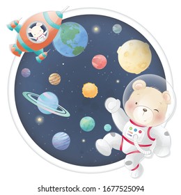 Cute bear and little bunny flying in the galaxy