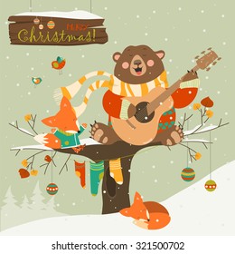 Cute bear and little fox celebrating Christmas. Vector greeting card