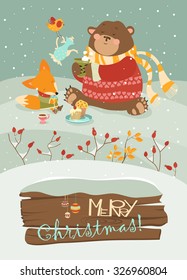 Cute bear and little fox celebrating Christmas. Vector greeting card