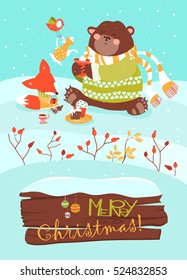 Cute bear and little fox celebrating Christmas