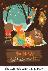 Cute bear and little fox watching snow from den. Vector greeting card