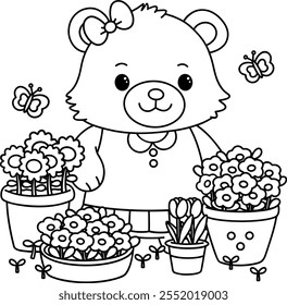 Urso bonito com pequeno jardim, ilustração, vetor, página de coloração, livro de coloração, coloração para crianças