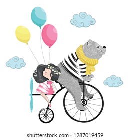 Cute bear and little girl in clouds on bicycle vector illustration for kids artworks, children books, T shirt prints.