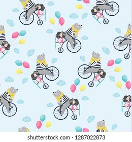 Cute bear and little girl in clouds on bicycle pattern design for kids fashion artworks.
