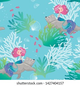 cute bear and little mermaid swims under the ocean seamless pattern design