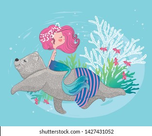 Cute bear and little mermaid swims under the ocean vector illustration