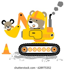 Cute bear with little mouse holding ice cream on construction vehicle, vector cartoon illustrations