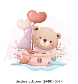 Cute Bear in Little Pink Ship with Heart Shape Balloons