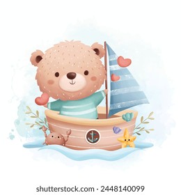 Cute Bear in Little Ship with Hearts Elements