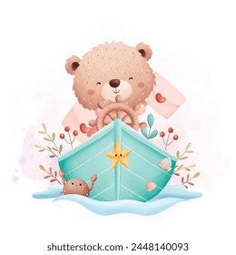 Cute Bear in Little Ship with Love Letter