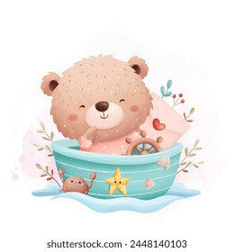 Cute Bear in Little Ship with Love Letter