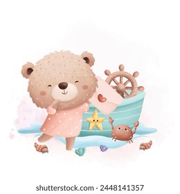 Cute Bear in Little Ship with Love Letter