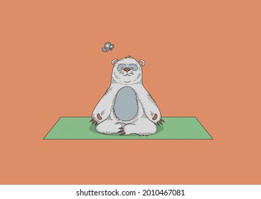 Cute bear (looking a bit like  a sloth) doing yoga. Butterfly highlights the balance and garmony. Environment friendly.  Good for advertisment of online yoga classes, visit card, video, cartoon, ad. 