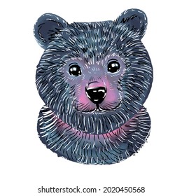 A cute bear is looking at us. An illustration in the style of a hand drawing. Stylized blue cute teddy bear for children. On an isolated white background.