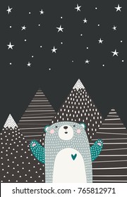 Cute bear looks at the starry sky. Vector illustration in Scandinavian style. Funny, cute poster.