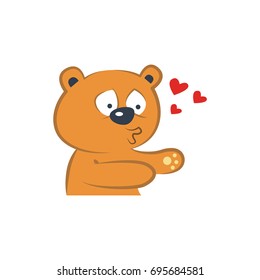 Cute bear in love giving kisses. Flying hearts. Children and baby cartoon.