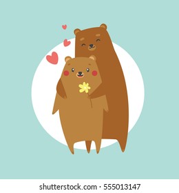 Cute bear in love hugging. Happy Valentine's day postcard. Vector illustration.