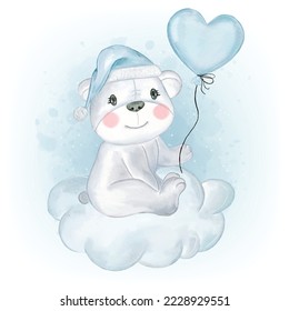 Cute Bear with Love Shape Balloon in the Cloud