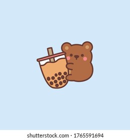 Cute Bear Loves Bubble Tea Cartoon, Vector Illustration