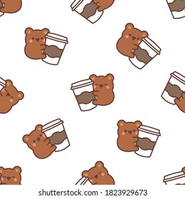 Cute bear loves coffee cartoon seamless pattern, vector illustration