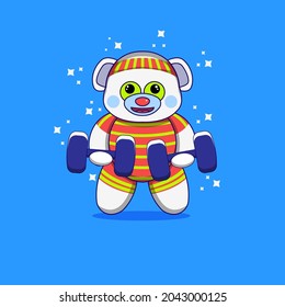Caricatura de mascota de oso lindo haciendo ejercicio con timbre. Estilo de caricatura plano 