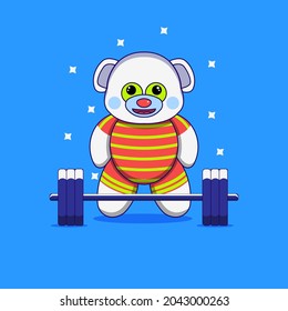 Cute bear mascot cartoon doing fitness with heavy barbell. Flat cartoon style 