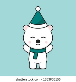 cute bear mascot character christmas theme. design isolated on green background.