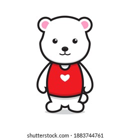 cute bear mascot character wearing heart t shirt design isolated on white background