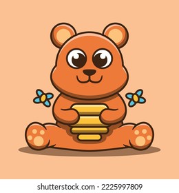 Cute bear mascot hugging honey vector illustration. Flat cartoon style.