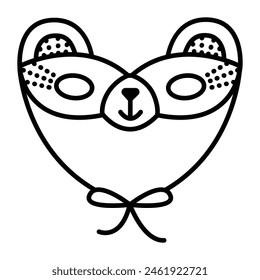 Cute bear masquerade mask with ties, carnival black line illustration