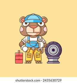 Cute bear mechanic with tool at workshop cartoon animal character mascot icon flat style illustration concept 1