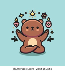 A cute bear meditating. Kawaii Illustration.