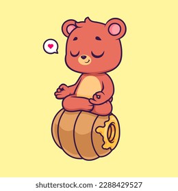 Cute Bear Meditation Yoga On Honey Comb Cartoon Vector Icon Illustration. Animal Sport Icon Concept Isolated Premium Vector. Flat Cartoon Style
