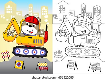 Cute bear with mice on construction vehicle, construction elements on buildings background, vector cartoon, coloring book or page