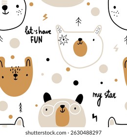 Cute bear minimalistic geometric boho seamless pattern forest woodland backdrop for clothes, apparel, textile. Vector illustration polka dot abstract background.