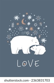 Cute Bear Mom and baby - vector illustration. Cartoon bear family in flat style