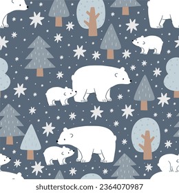 Cute Bear Mom and baby - vector illustration. Cartoon seamless pattern with bear family and north stars in flat style